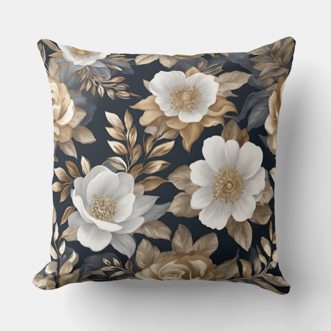 Almofada Lindo Azul Naval Dourado Branco Floral (Frente)