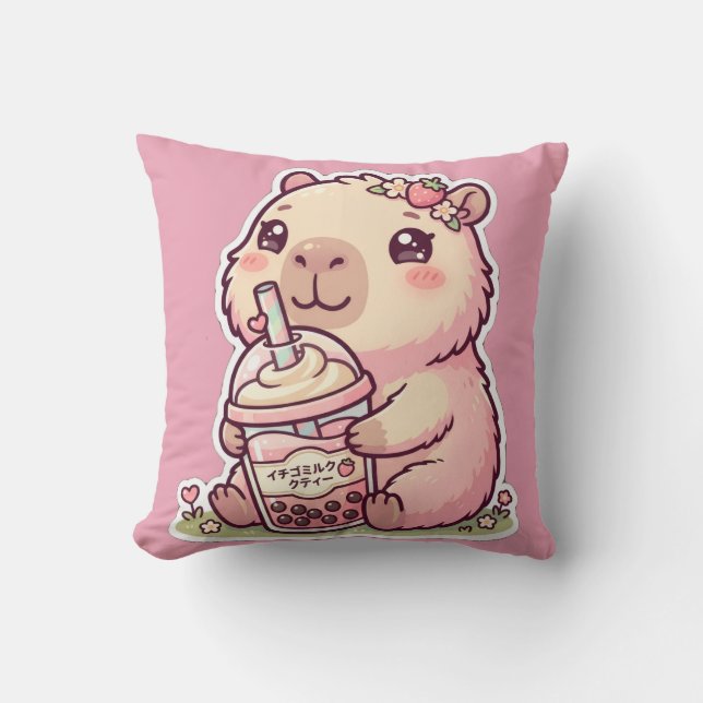 Almofada Lindo Chibi Capivara Morango Boba Leite Chá Kawa  (Frente)