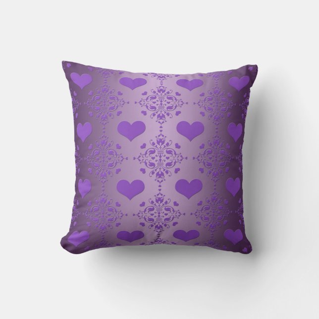 Almofada Lindo Damasco de Corações Roxos Lavanda (Frente)