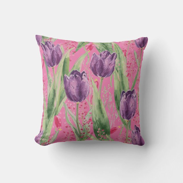 Almofada Lindo padrão de flores de tulipa roxas e rosa-choq (Frente)