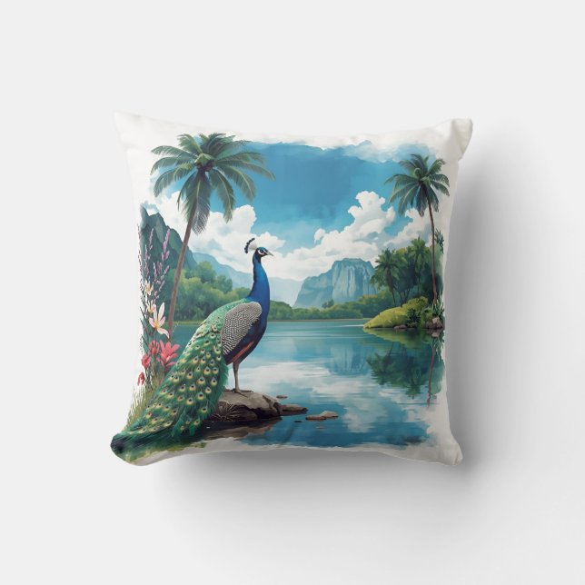 Almofada Lindo Pavão em um Paraíso Tropical (Frente)