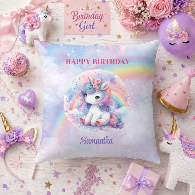 Almofada Lindo Travesseiro de Aniversário de Menina Cores P (Cute Unicorn Pastel Colors Girl Birthday Pillow Design

)
