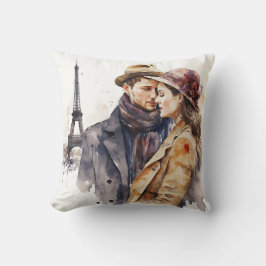 Almofada Lindos Casais Românticos de Aquarela em Paris Lanç