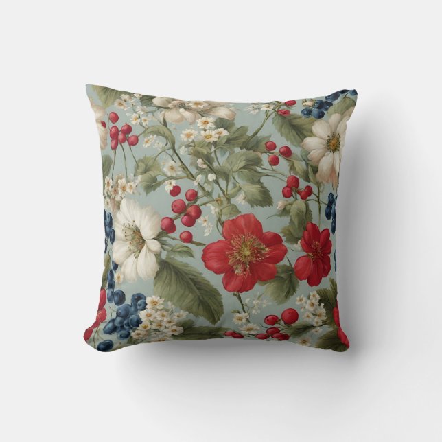 Almofada Lindos Flores Brancas, Vermelhas e Azuis, Berries  (Frente)