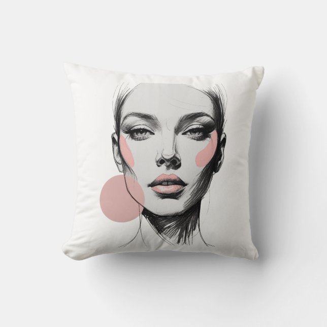 Almofada Linha de Moda Arte Rosto com Acentos Rosa Bege – E (Frente)