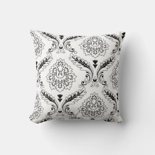 Almofada Linha Rococó Damask Padrão Deslocado Preto no Bran