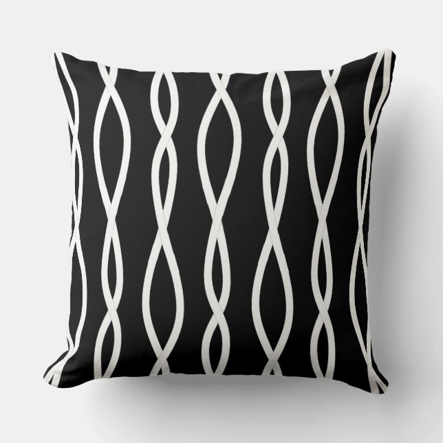 Almofada Linhas Onduladas Abstratas Modernas em Preto e Bra (Frente)