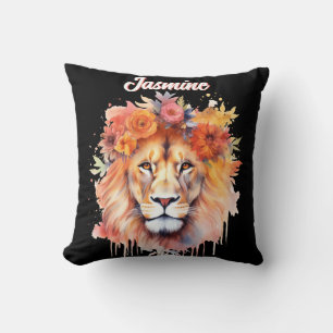 Almofada Lion Pastel Flowers Safari Watercolor Savannah Cat