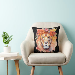 Almofada Lion Pastel Flowers Safari Watercolor Savannah Cat