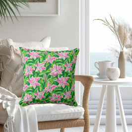 Almofada Lírio Rosa Préppy Floral Verde Chic Decoração de J
