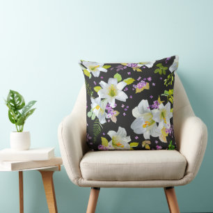 Almofada Lírios Brancos em Padrão Floral Preto
