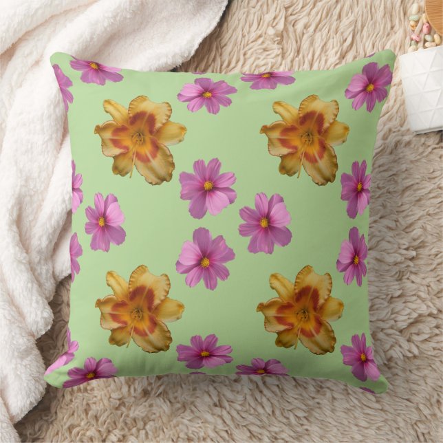 Almofada Lírios E Cosmos Flores Em Fundo Verde (Cobertor)