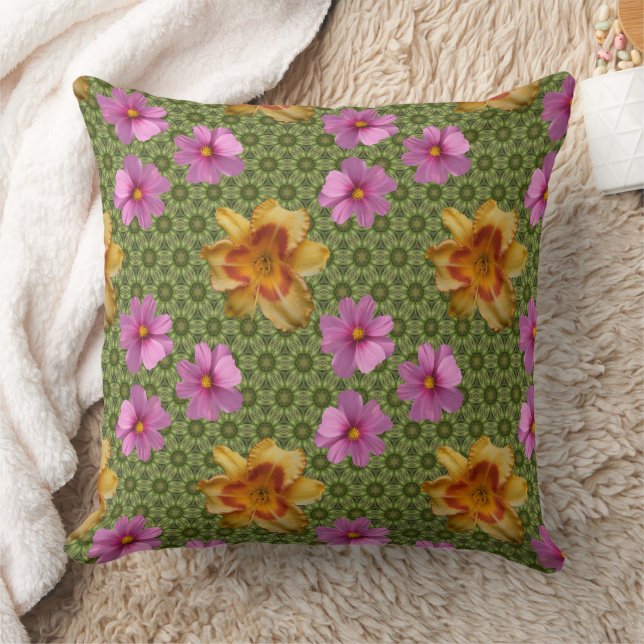 Almofada Lírios E Cosmos Flores/Padrão Verde Oleícola (Cobertor)