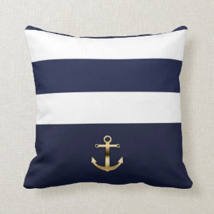 Almofada Listra Azul e Branco Âncora Dourada Náutica Chic
