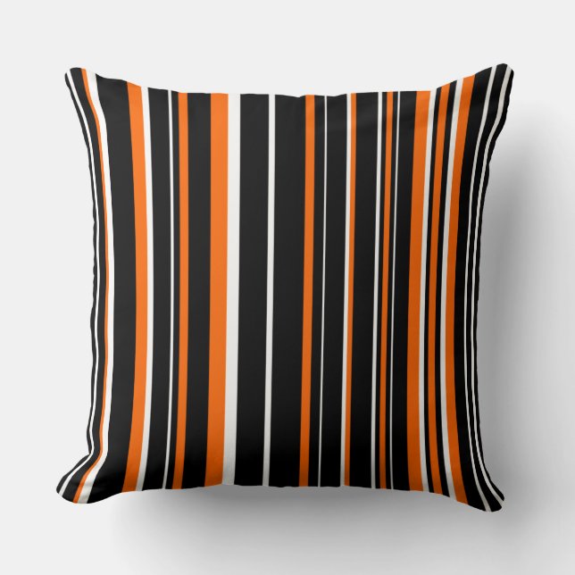 Almofada Listra de código de barras preto, laranja e branco (Frente)