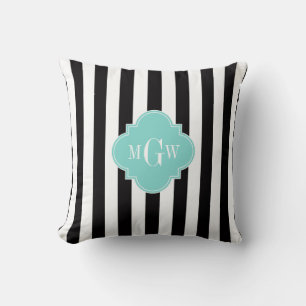 Almofada Listra Preto Branco Turquesa Quatrefoil 3 Monogram