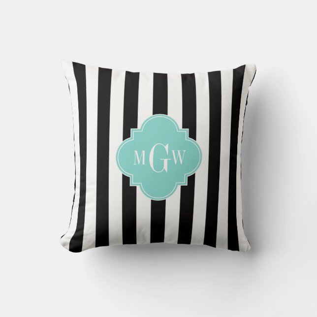 Almofada Listra Preto Branco Turquesa Quatrefoil 3 Monogram (Frente)