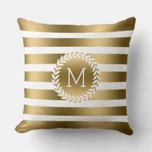 Almofada Listras brancas e Douradas, monogramas e fundo bra