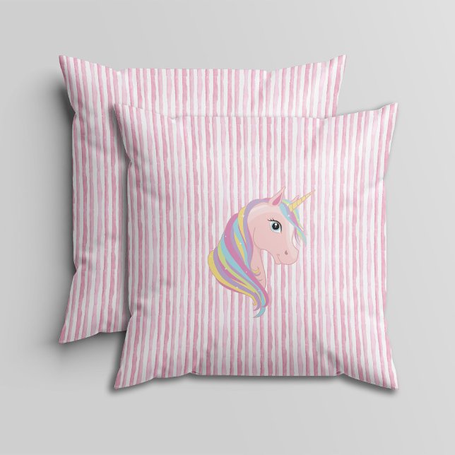 Almofada Listras de Aquarela Rosa e Branco com Unicórnio  (Criador carregado)
