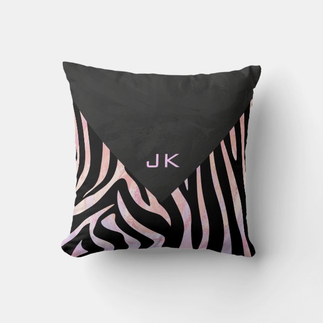 Almofada Listras de Zebra Preto e Monograma Rosa (Frente)