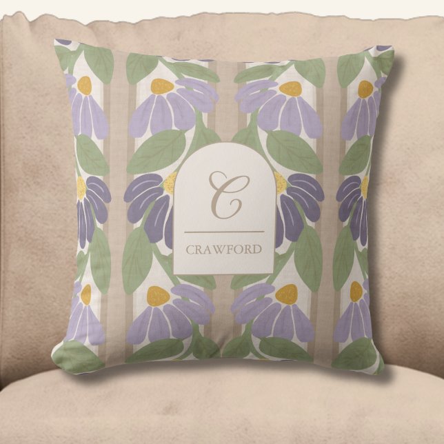 Almofada Listras Florais Roxas e Bege Monogramadas (Monogrammed Floral Striped Throw Pillow)