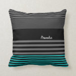 Almofada Listras formais e frescas da cerceta com nome<br><div class="desc">Um travesseiro formal da forma dos homens com cerceta fresca e listras pretas no teste padrão listrado preto e cinzento inferior e na moda no resto do travesseiro. Personalize adicionando seu nome a este travesseiro moderno do deco do estilo contemporâneo.</div>