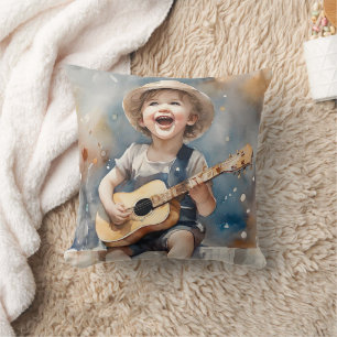 Almofada Little Boy tocando guitarra cantando aquarela