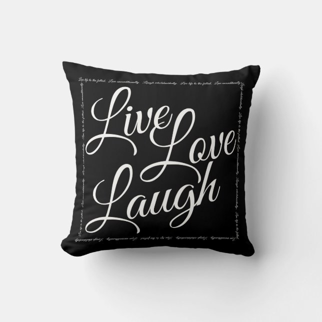 Almofada Live Love Laugh Elegante White Script em Preto (Frente)