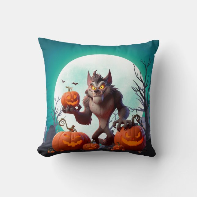Almofada Lobisomem e abóboras de Halloween (Frente)