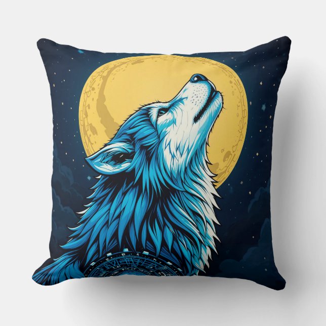 Almofada Lobo Azul Místico Uivando sob a Lua Cheia (Frente)