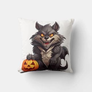 Almofada Lobo caricatura assustador com abóbora de Hallowee