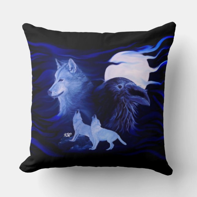 Almofada Lobo e corvo com Lua cheia (Frente)