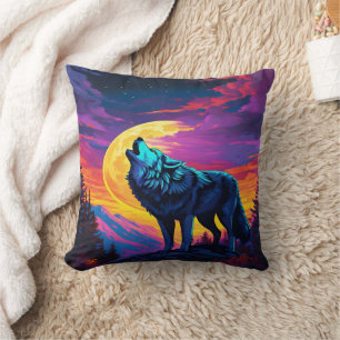 Almofada Lobo Majestoso A Uivar À Lua Vibrante