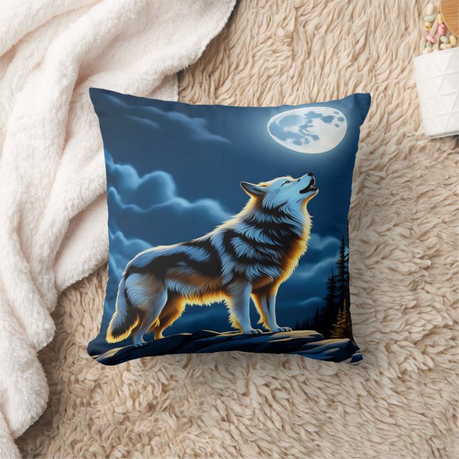 Almofada Lobo Majestoso Howling à Lua. (Cobertor)