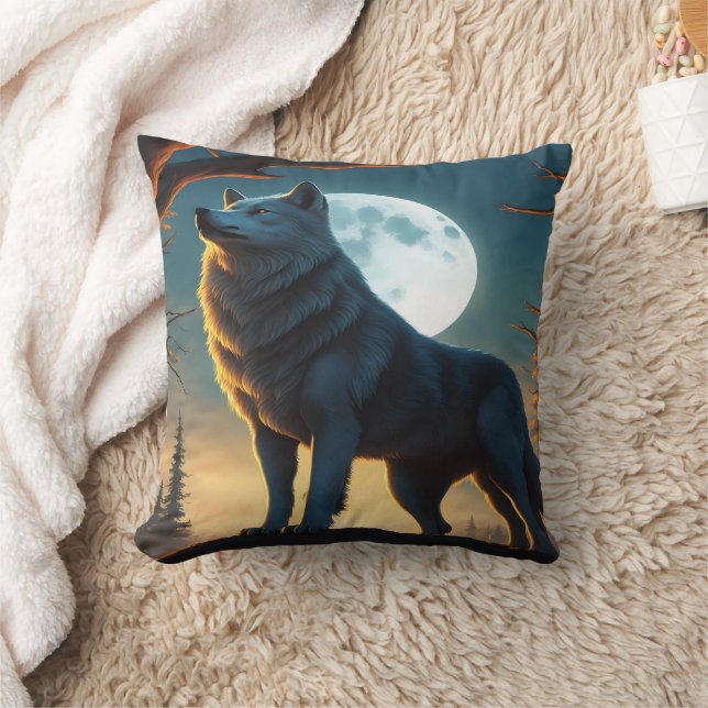Almofada Lobo Majestoso Howling em lua cheia (Cobertor)