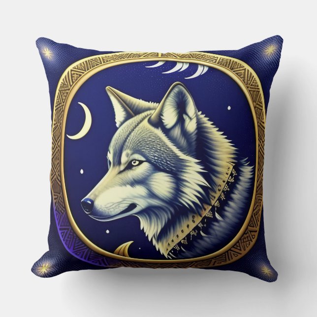 Almofada Lobo Majestoso Sob Céu Estrelado (Frente)