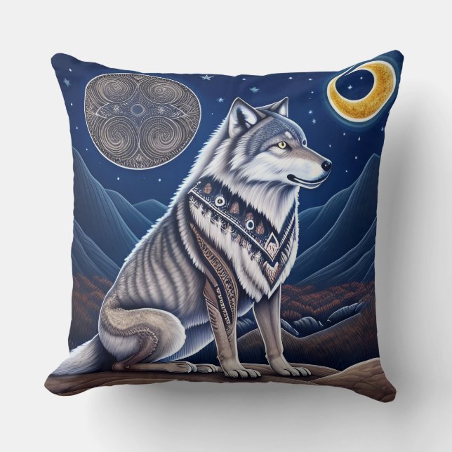 Almofada Lobo Majestoso Sob Céu Estrelado (Frente)