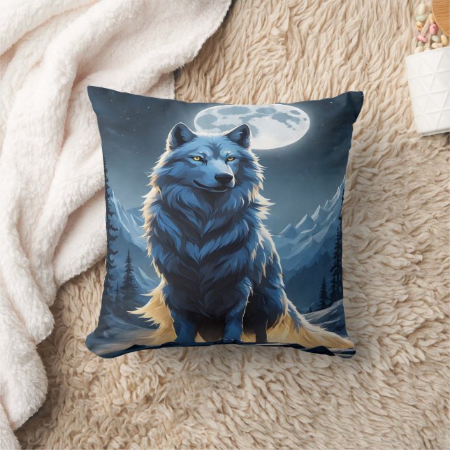 Almofada Lobo Majestoso Sob Lua De Lua. (Cobertor)