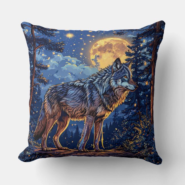 Almofada Lobo Místico Sob a Lua 🌕🐺 Noite da Floresta Enca (Frente)