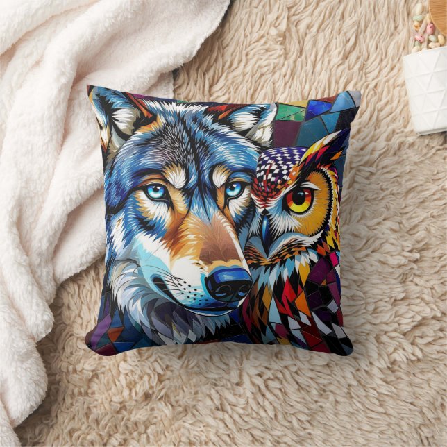 Almofada Lobo Mosaico, Coruja e Lua Cheia (Cobertor)