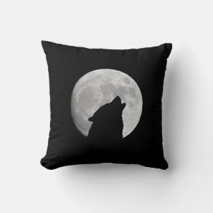 Almofada Lobo Negro e Lua Cheia à Noite