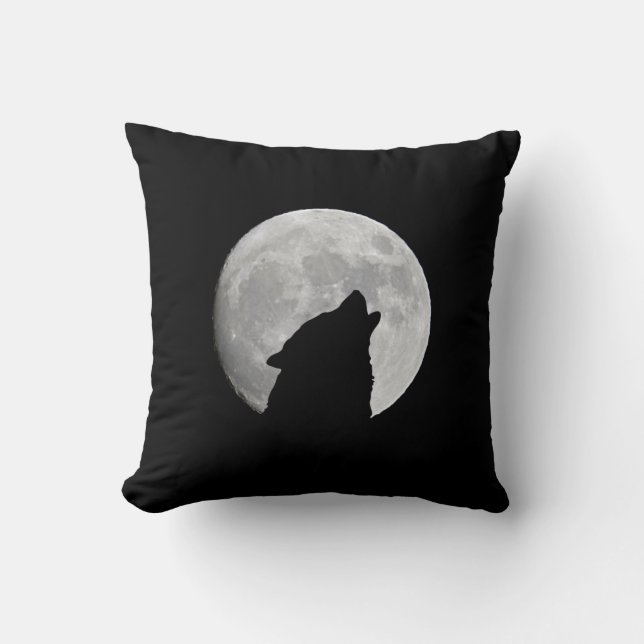 Almofada Lobo Negro e Lua Cheia à Noite (Frente)