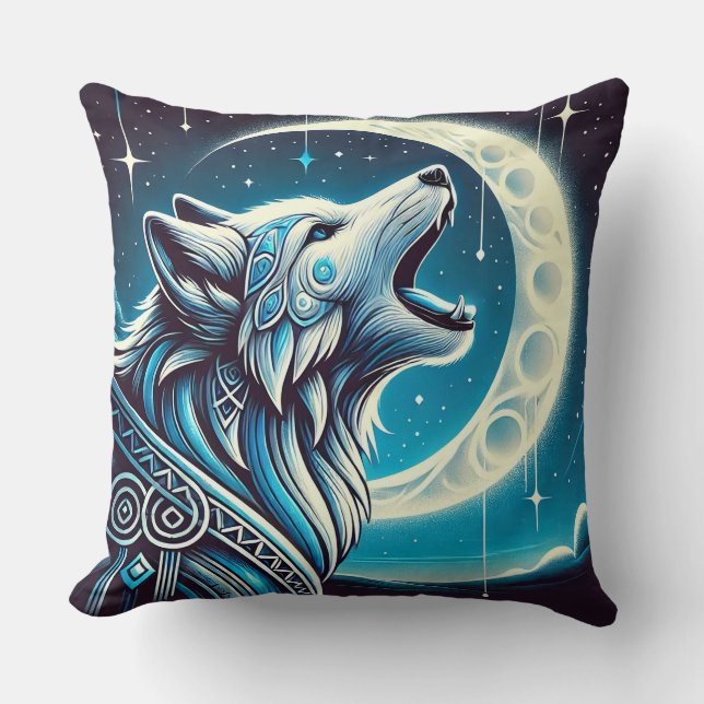Almofada Lobo sob a Lua Crescente à Noite (Frente)