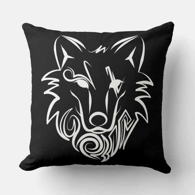 Almofada Lobo Tribal Negro e Branco (Frente)