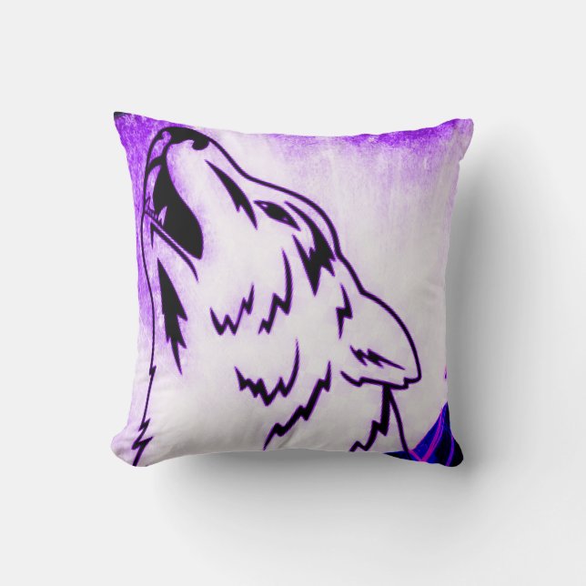 Almofada Lobo Uivando Roxo – Decoração Animal Ousada (Frente)