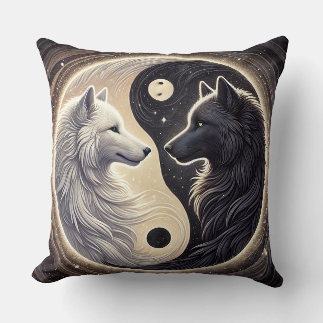 Almofada Lobos Brancos e Pretos Representando Yin e Yang (Frente)