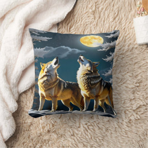 Almofada Lobos Elegantes Howling em baixo de uma lua cheia