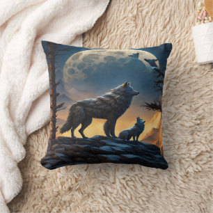 Almofada Lobos Majestosos Sob Lua Cheia.
