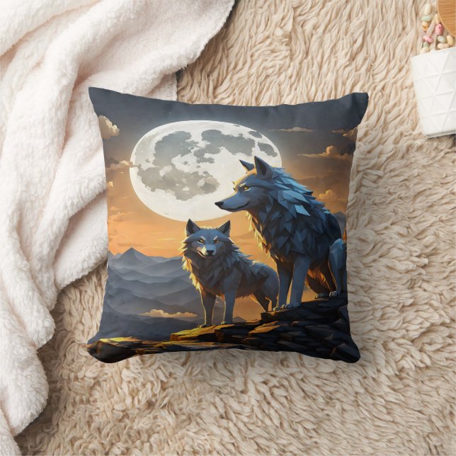 Almofada Lobos Majestosos Sob Lua Cheia. (Cobertor)