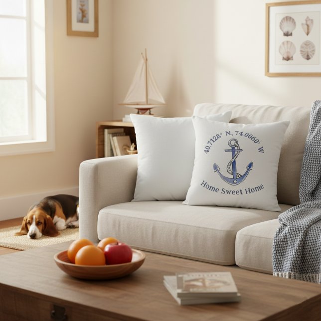 Almofada Localização e Travesseiro do Home Sweet 16x16 (Home sweet home custom location throw pillow with anchor.)